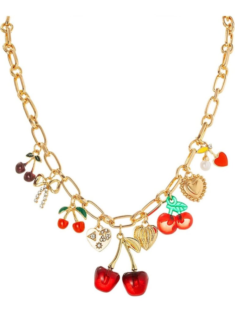 Cherry Bow Heart Charm Necklace, Gold Chunky Enamel Fruit Pendant, Adjustable